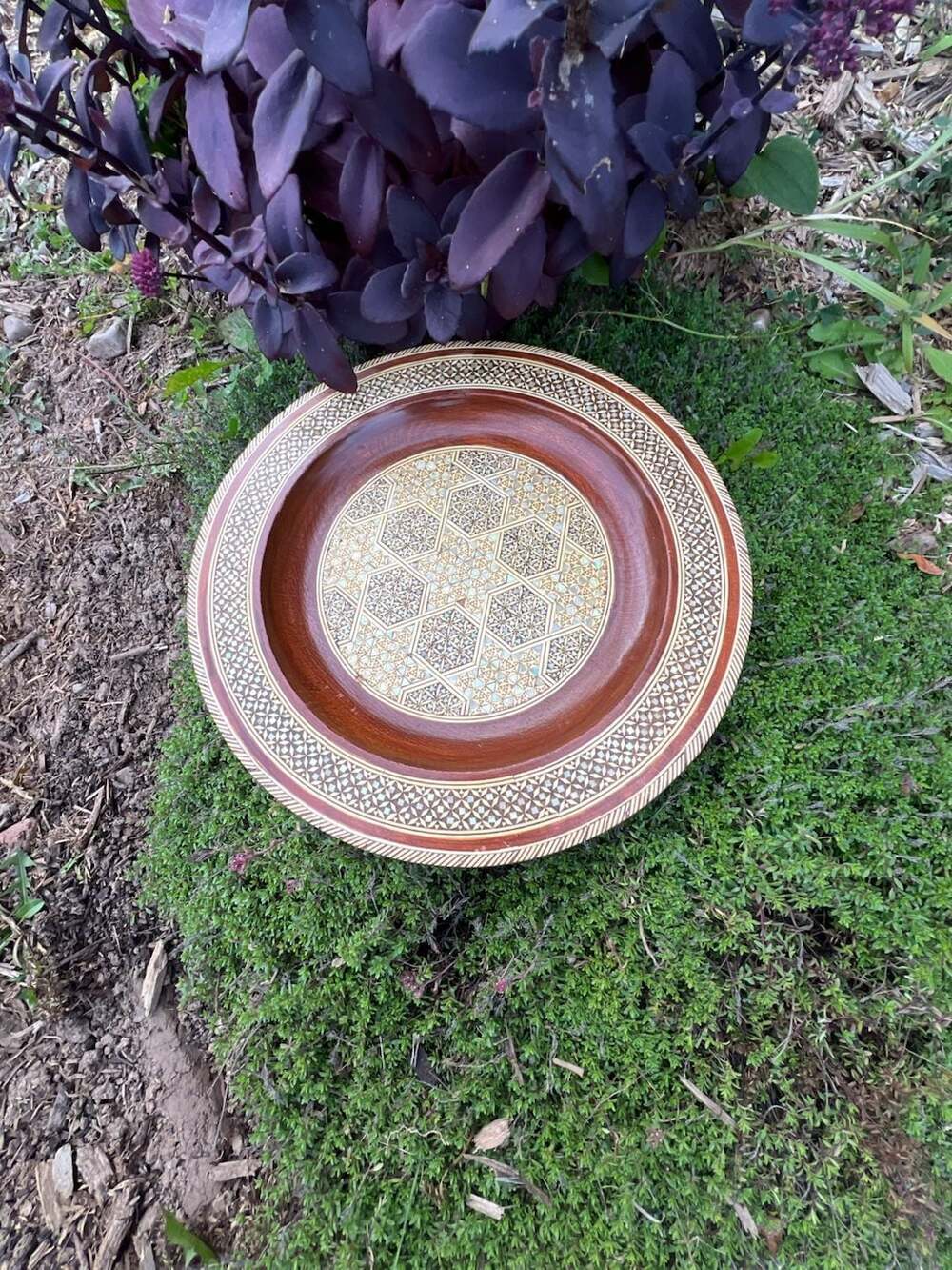 Handmade Wooden Marquetry and Mother of Pearl Inlay Decorative Plate Tray
